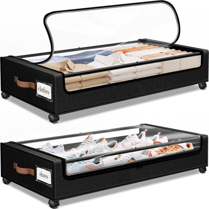 SpaceHacks Under Bed Storage with Wheels 2Pack Storage Containers with Clear Window&Label Under Bed Drawers Rolling Under Bed Storage for Clothes,Shoes, Blankets (30.71 x 16.93 x 6.69 in, Dark Grey)