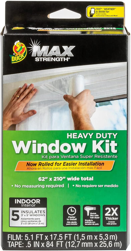 Duck MAX Strength Window Insulation Kit, Winter Window Seal Kit Fits up to 10 Windows, Heavy Duty Shrink Film Cuts to Size for Easy Indoor Installation, Window Tape Included,62 In. x 420 In., Clear