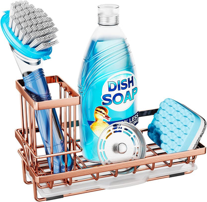 Consumest Sponge Holder for Kitchen Sink - Kitchen Sink Caddy Organizer with Removable Drip Tray for Countertop Dish Soap Dispenser Brush Storage Accessories 304 Stainless Steel - Black