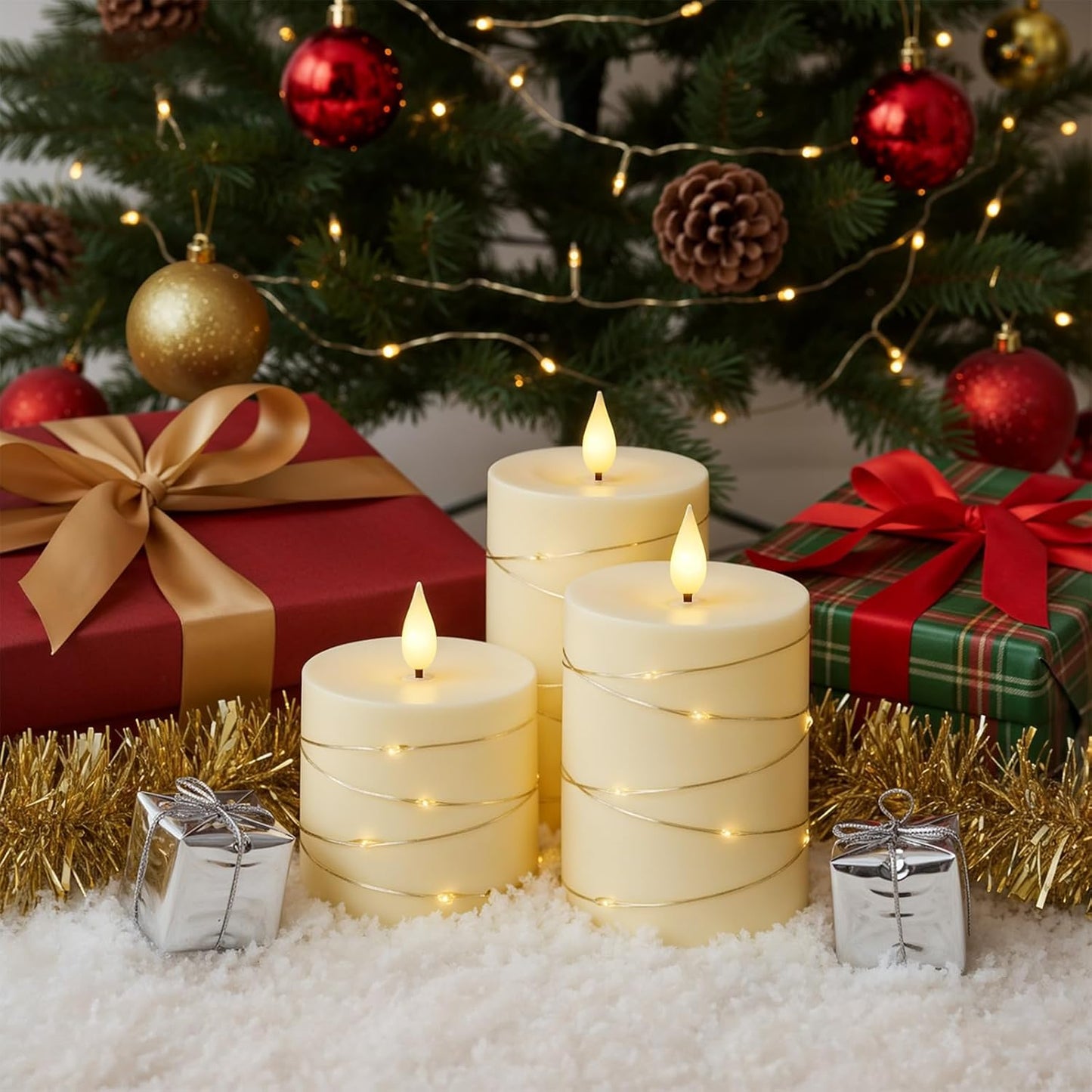 Raycare Flameless Candles with Remote Timer, Flickering Battery Operated LED Pillar Fake Candle with String Lights for Home Decor, Christmas, Wedding and Gift, White, Set of 3