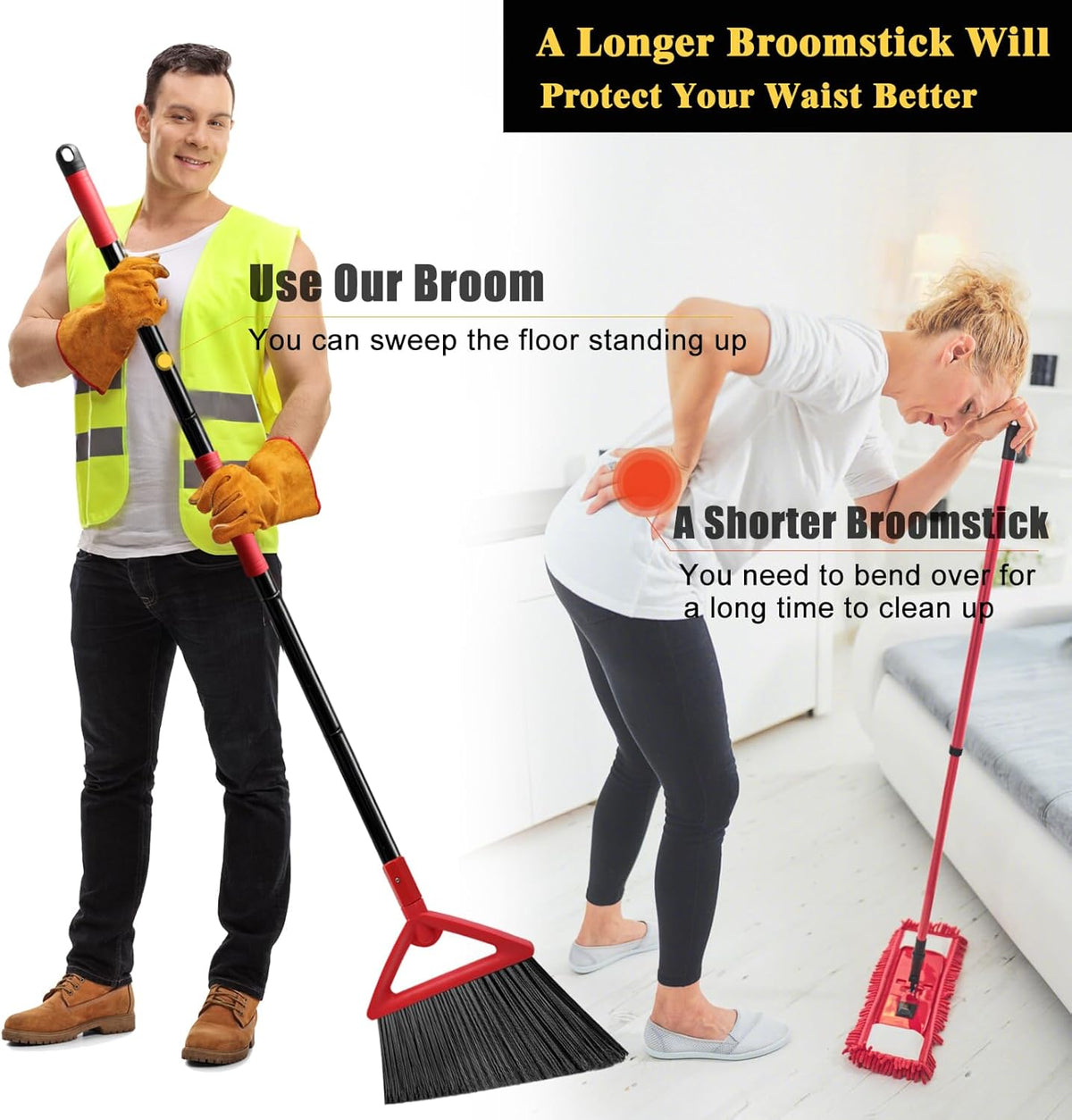 Heavy Duty Broom Outdoor and Indoor, 2 Pack Upgraded Commercial Angle Brooms, Perfect Yellow Broom of House, Kitchen, Garage, Courtyard