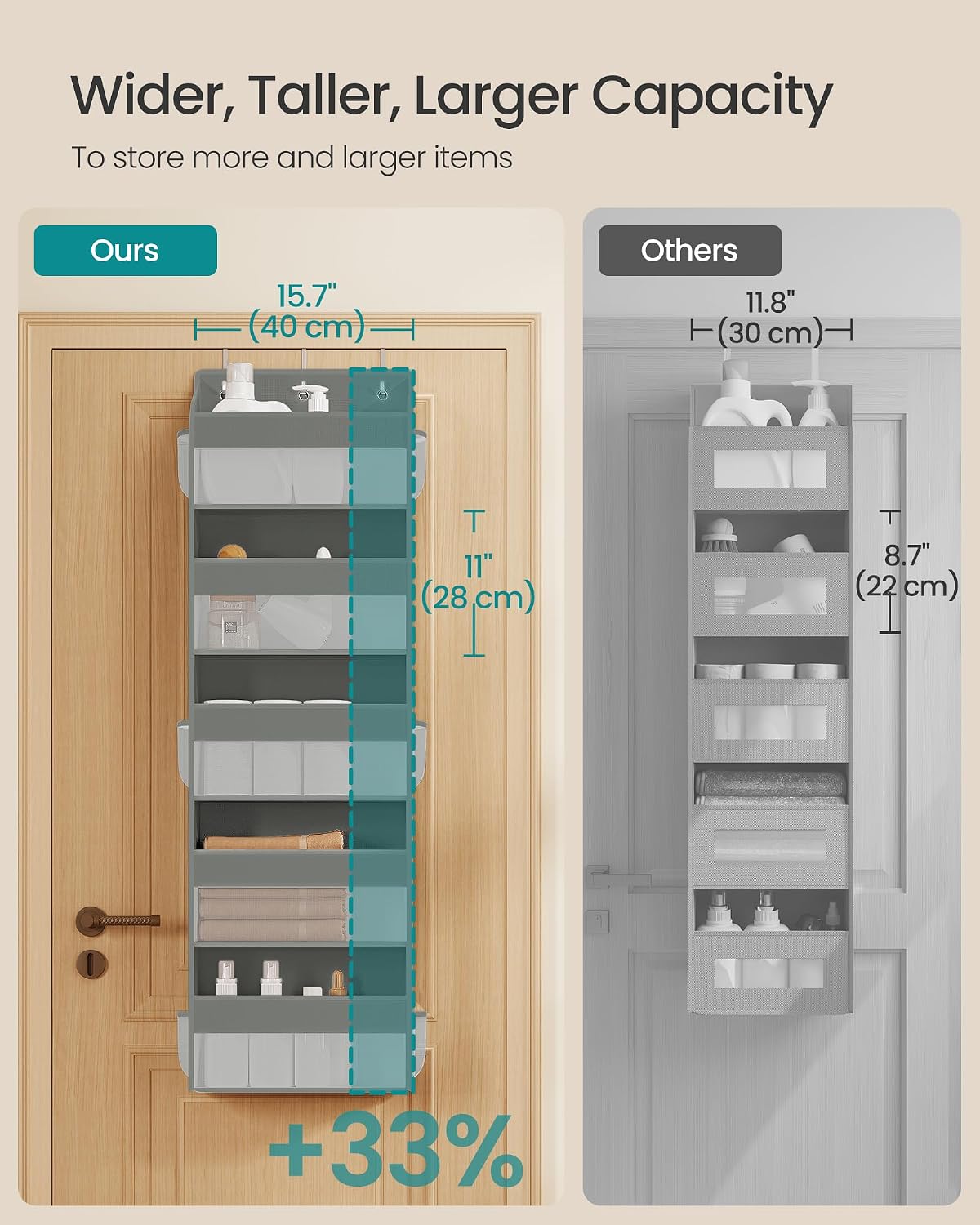 SONGMICS Over-the-Door Organizer, 5-Tier Door Hanging Storage Shelf, Heavy-Duty Closet Hanging Organizer Foldable, Transparent, Pockets, Metal Hooks, Ink Black URDH010BH01