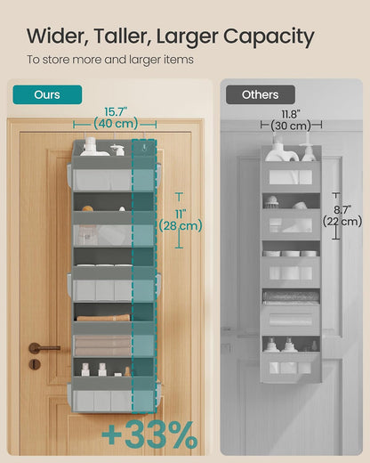 SONGMICS Over-the-Door Organizer, 5-Tier Door Hanging Storage Shelf, Heavy-Duty Closet Hanging Organizer Foldable, Transparent, Pockets, Metal Hooks, Ink Black URDH010BH01