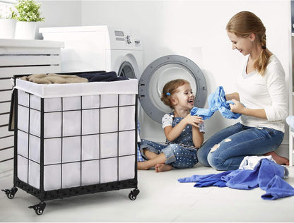 Laundry Hamper with Heavy Duty Caster Wheels; 3 Sections Clothes Hamper with Lid; 132L Laundry Basket with Removable Liner Bag; Laundry Sorter with Metal Handle (White)