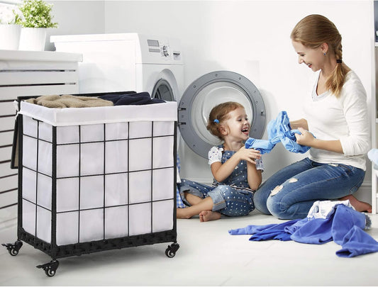 Laundry Hamper with Heavy Duty Caster Wheels; 3 Sections Clothes Hamper with Lid; 132L Laundry Basket with Removable Liner Bag; Laundry Sorter with Metal Handle (White)
