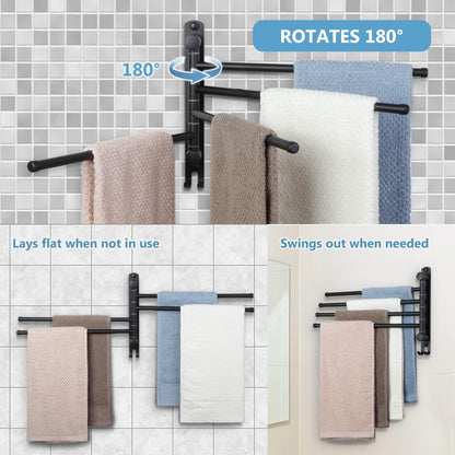Towel Rack Wall Mounted JSVER Bathroom Towel Rack, Space Saving Towel Holder, 13.4 Inches Swivel SUS304 Stainless Steel Towel Bar, 180° Rotation 6 Arms Towel Racks for Bathroom
