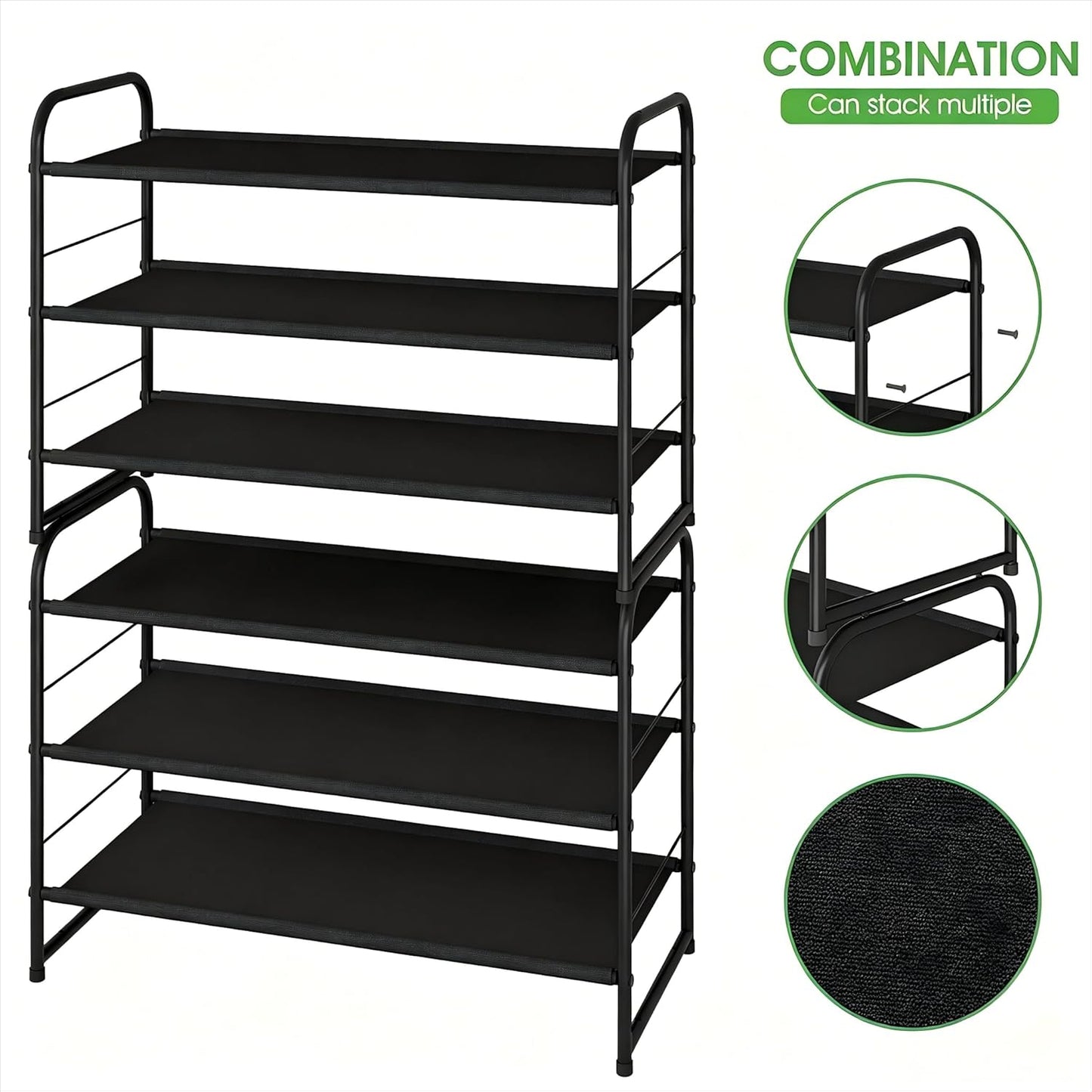 Ekisemio 3-Tier Long Metal Shoe Rack, Wide Stackable Shoe Organizer for Closet & Entryway, with Sturdy Wire Grid Storage Shelf for Bedroom, Black
