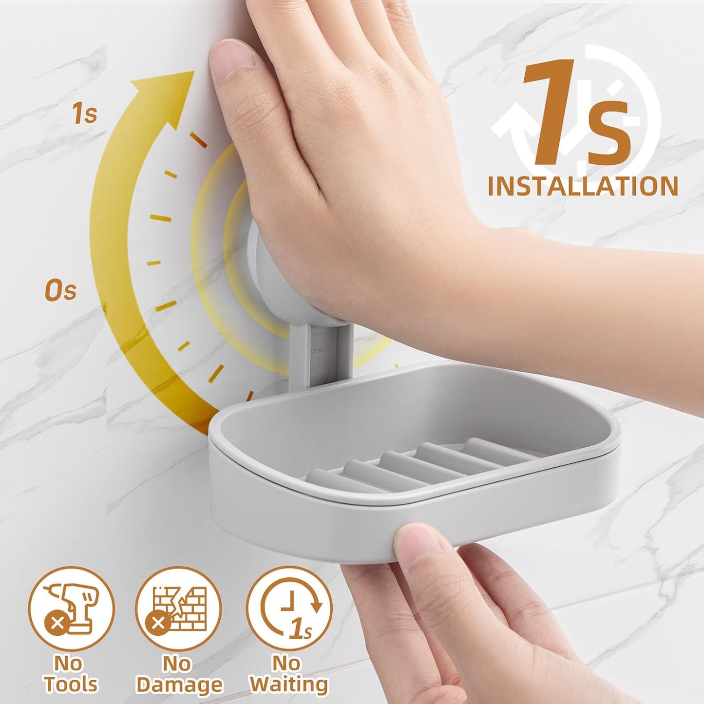 LEVERLOC Soap Dish Holder for Shower Suction Cup Wall Mounted Self Draining NO-Drilling Removable Bar Soap Sponge Holder for Bathroom Bathtub Kitchen Sink Waterproof Strong Vacuum Suction Adhesion