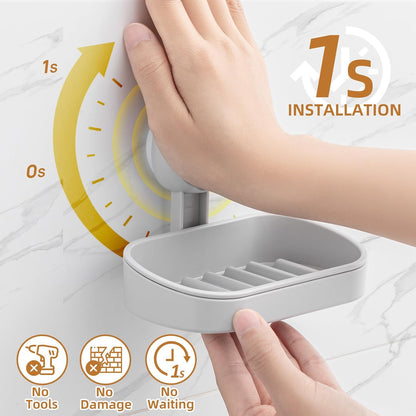 LEVERLOC Soap Dish Holder for Shower Suction Cup Wall Mounted Self Draining NO-Drilling Removable Bar Soap Sponge Holder for Bathroom Bathtub Kitchen Sink Waterproof Strong Vacuum Suction Adhesion