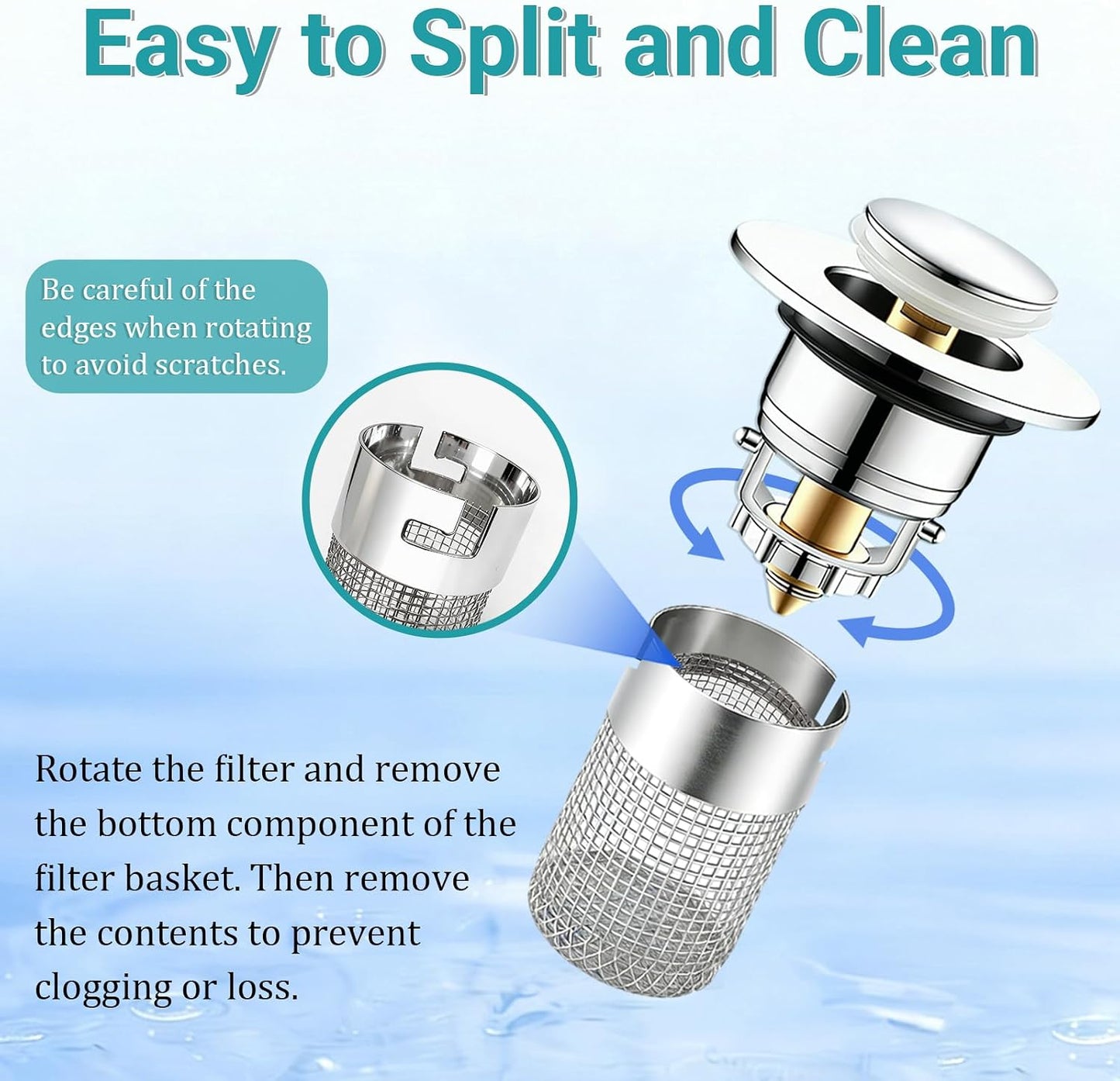 Bathroom Sink Drain Strainer, Pop-Up Sink Stopper Hair Catcher, Anti-Clog with Removable Stainless Steel Filter Basket, Universal for US Standard Drain Stopper Replacement (Silver, 2pcs)