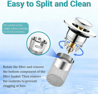 Bathroom Sink Drain Strainer, Pop-Up Sink Stopper Hair Catcher, Anti-Clog with Removable Stainless Steel Filter Basket, Universal for US Standard Drain Stopper Replacement (Silver, 2pcs)