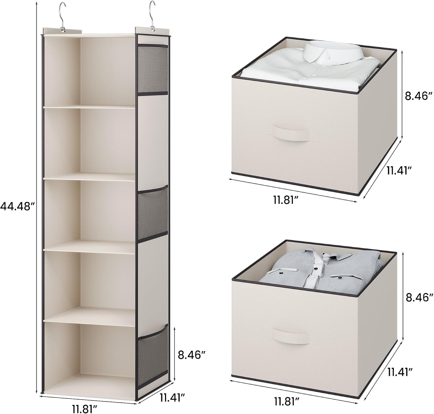 YOUDENOVA Hanging Closet Organizer, 5 Tier Hanging Closet Shelves with 6 Side Pockets and 2 Drawers, Black
