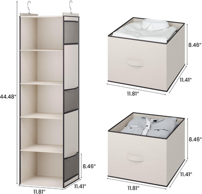 YOUDENOVA Hanging Closet Organizer, 5 Tier Hanging Closet Shelves with 6 Side Pockets and 2 Drawers, Black