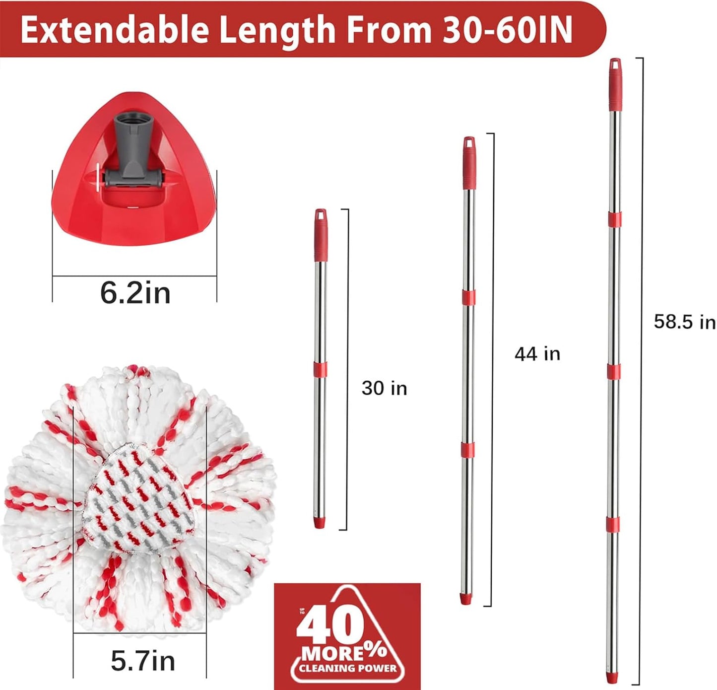 2 Spin Mop Head Replacement, 1 Base, 1 Mop Handle (30-58in) Combo Mops Set Compatible with OCedar EasyWring RinseClean Microfiber Mops (White (1-Tank System))