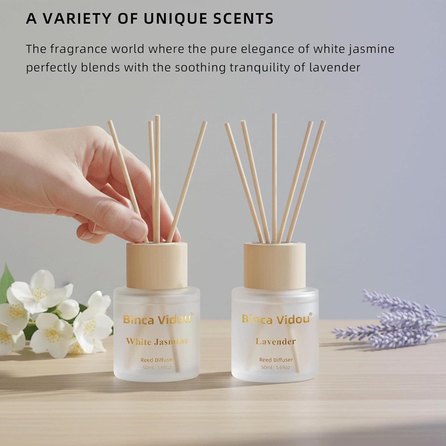Reed Diffuser Set, Binca Vidou Lavender & Vanilla Natural Scent Oil Diffusers with Sticks for Home Office Bathroom Aromatherapy Decor 1.69oz x 2