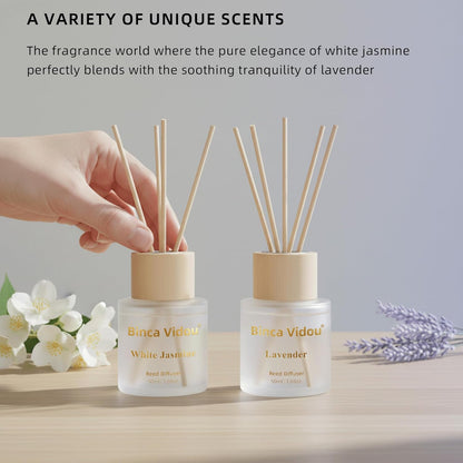 Reed Diffuser Set, Binca Vidou Lavender & Vanilla Natural Scent Oil Diffusers with Sticks for Home Office Bathroom Aromatherapy Decor 1.69oz x 2