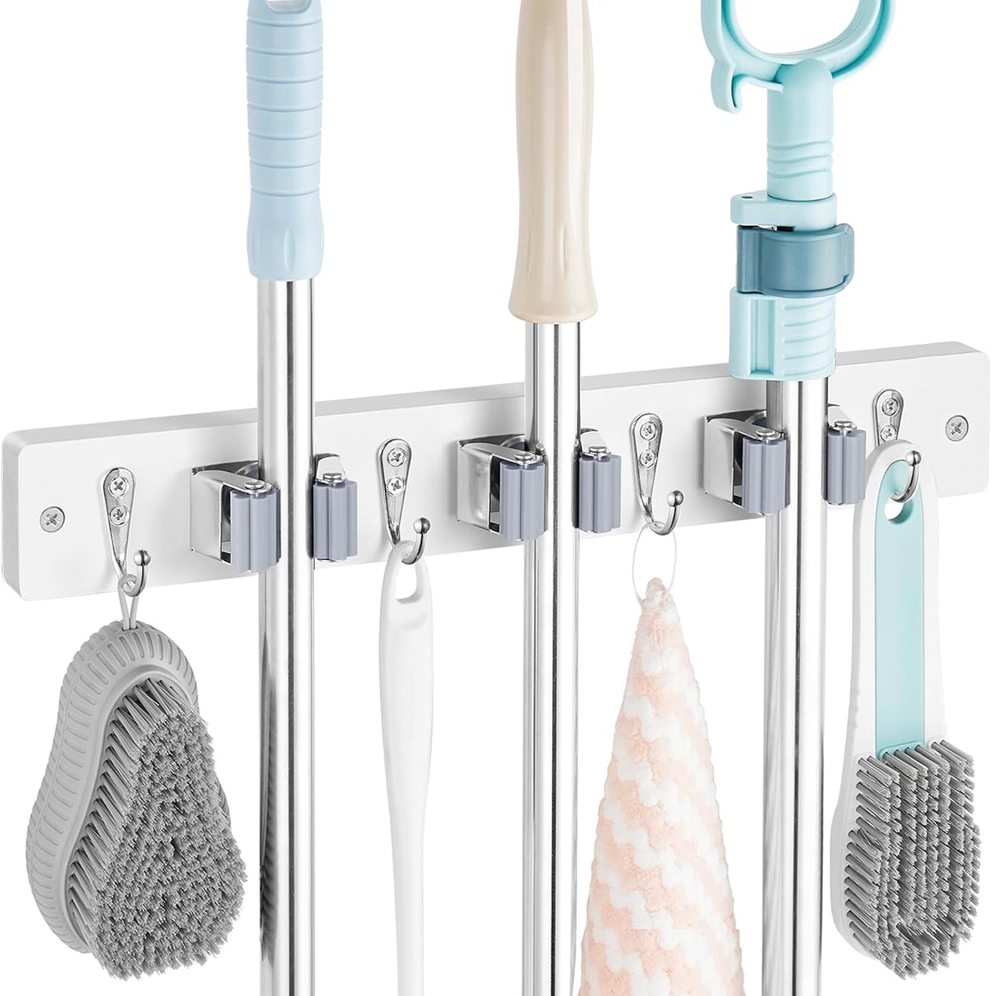 OUTNILI Mop and Broom Holder Wall Mount - Wood Broom Mop Hanger - Wall Mounted Garden Tool Rack Organizer for Closet Garage Laundry Room for Rustic Kitchen Decor With 5 Slots & 4 Hooks