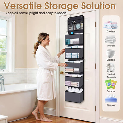 WISELIFE Over The Door Organizer Storage with 4 Large Pockets Door Hanging Organizer with Clear Windows behind The Door Storage for Nursery Bedroom Bathroom Pantry Closet and Baby Essentials Dark Grey