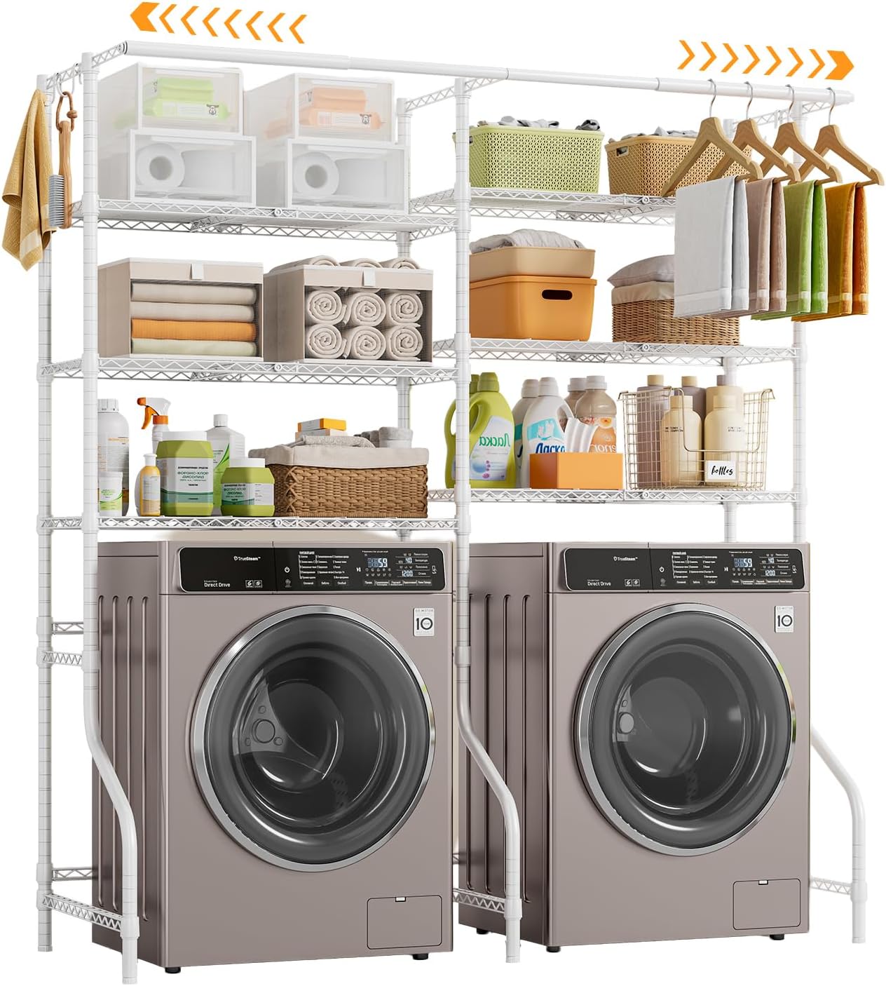 ONBRILL Expandable Over Washer and Dryer Shelves, 6 Tiers Laundry Room Organization and Storage with 2 Hanger Rods, 4 Hooks, Adjustable Height Metal Freestanding Clothes Drying Rack, Black