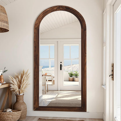 Antok Full Length Mirror with Solid Wood Frame, 71"×32" Wall Mounted Oversized Floor Mirror with Stand, Leaning Standing Hanging for Bedroom Living Room Entryway, Walnut, Arched Syle