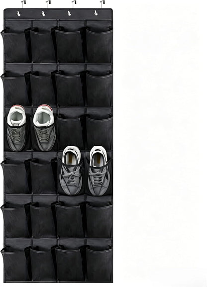 Meolsaek Over Door Shoe Organizer with 24 Breathable Mesh Pockets, Shoe Holder for Door with 4 Metal Hooks, Back of Door Shoe Organizer for Closet, Bedroom, Bathroom, Pantry (Grey - 24)