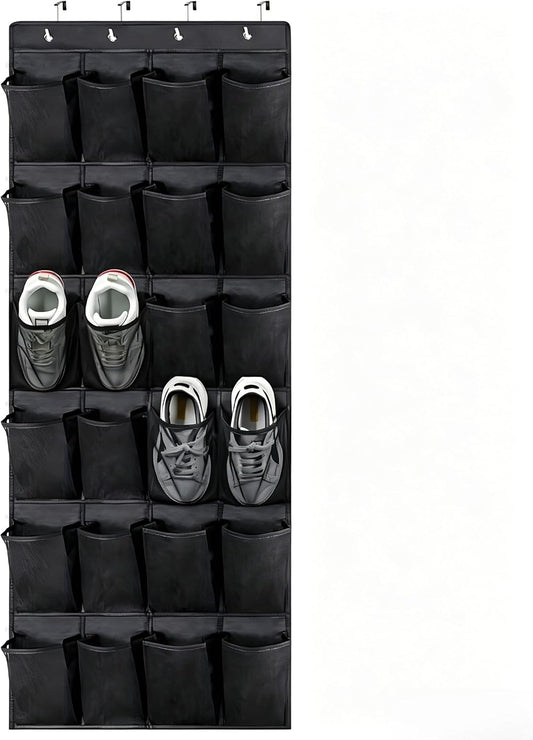 Meolsaek Over Door Shoe Organizer with 24 Breathable Mesh Pockets, Shoe Holder for Door with 4 Metal Hooks, Back of Door Shoe Organizer for Closet, Bedroom, Bathroom, Pantry (Grey - 24)