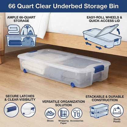 66 Quart Clear Underbed Storage Bin with Wheels & Latching Lid - Low Profile Plastic Storage Container for Clothes, Shoes, Bedding, Wrapping Paper Organizer, Slim Rolling Under Bed Storage Box