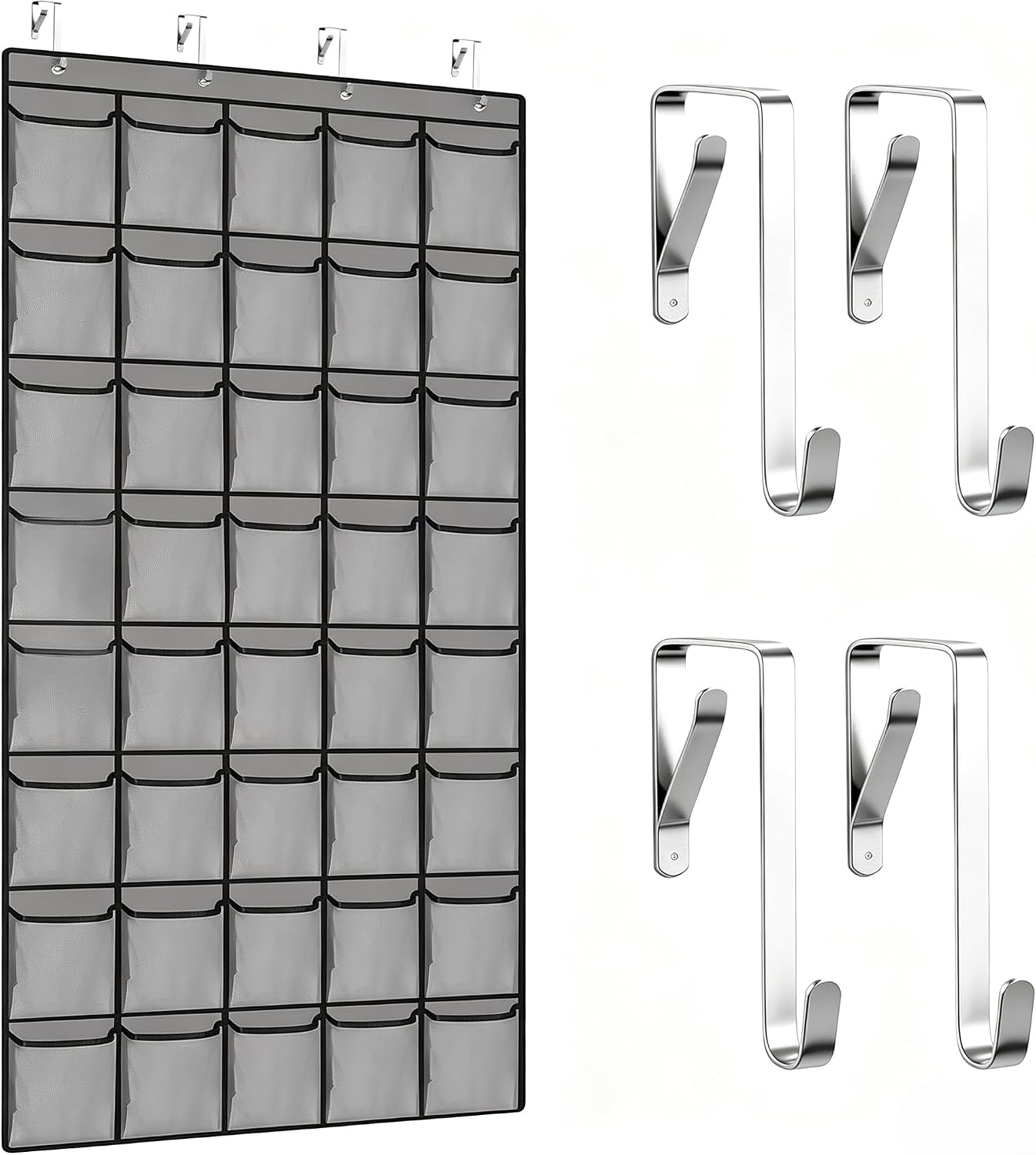 Meolsaek Over Door Shoe Organizer with 24 Breathable Mesh Pockets, Shoe Holder for Door with 4 Metal Hooks, Back of Door Shoe Organizer for Closet, Bedroom, Bathroom, Pantry (Grey - 24)