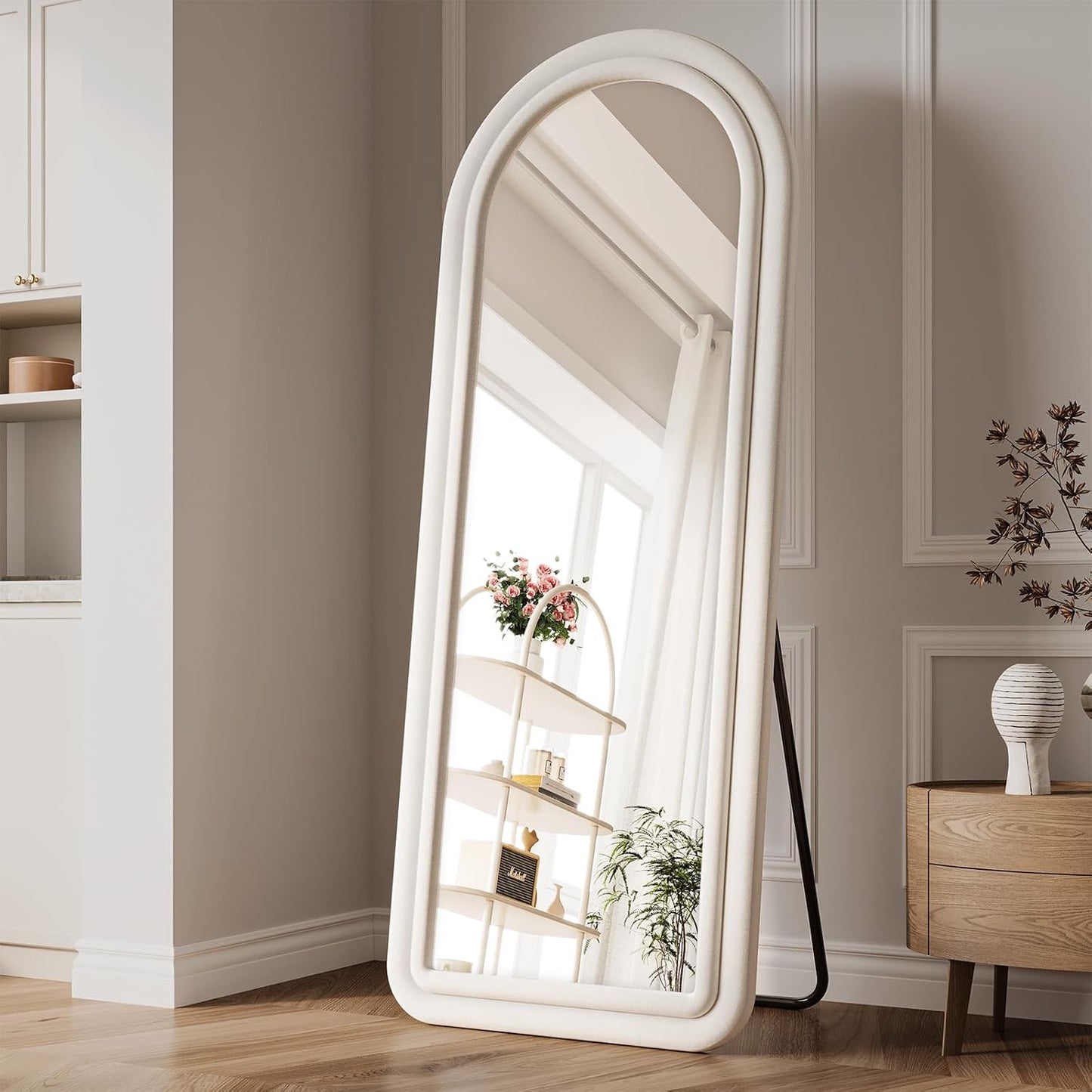 71"x32" Flannel Full Length Mirror, Arched Mirrors Full Length with Stand, Flannel Floor Mirror for Bedroom and Living Room, Full Body Mirror Hanging or Leaning, White