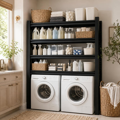 Heavy Duty Over Washer and Dryer Storage Shelf, 4 Tier Adjustable Metal Laundry Room Organizer, Freestanding Utility Shelving Rack, Rust Resistant Steel Storage Shelf, Black, 19.7"Wx 13.8"Dx 44.1"H