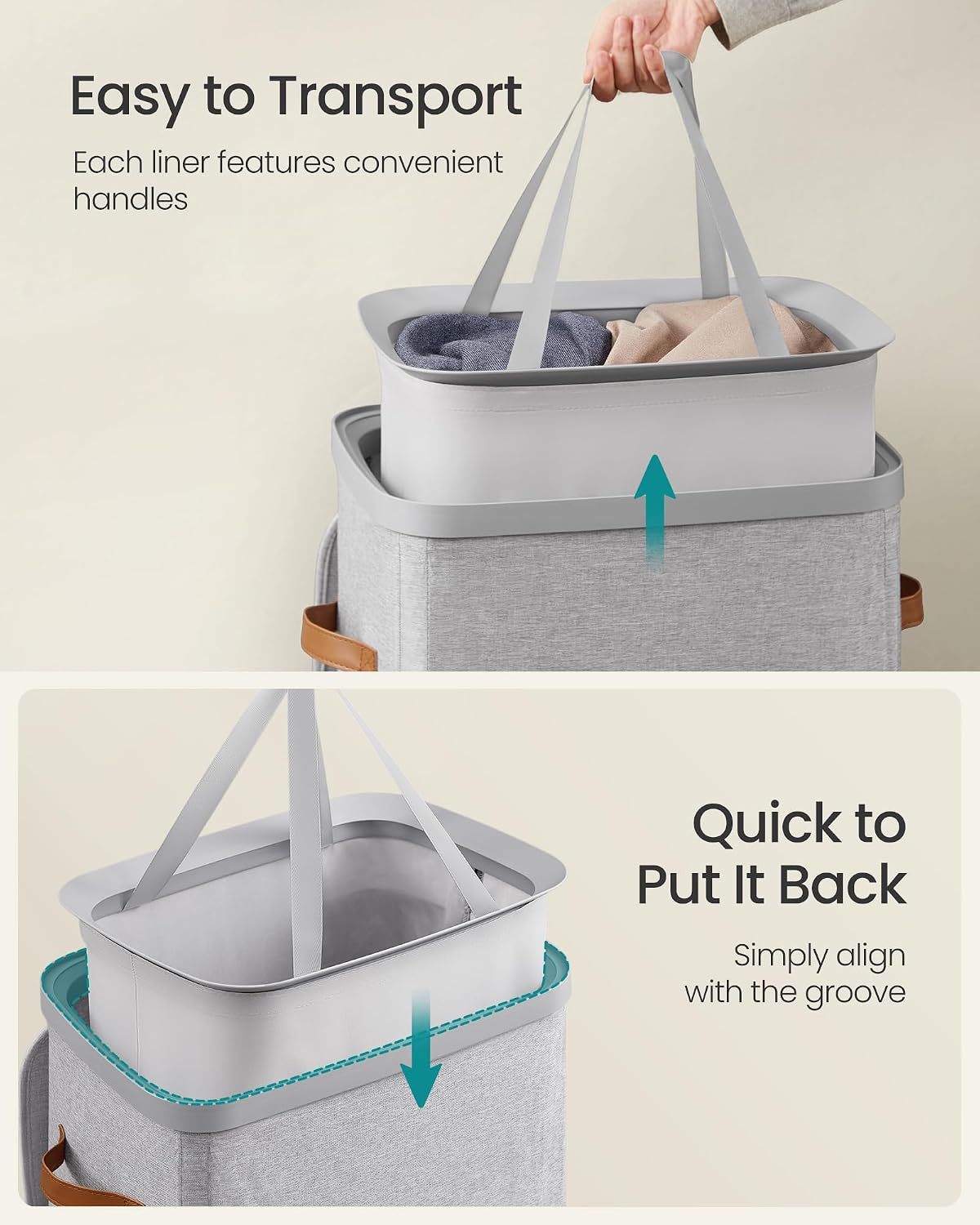 SONGMICS Laundry Basket, 50.2 Gal. Laundry Hamper, 3 Compartments, Easy Assembly, with Lid and Handles, Removable Liners, 25.2 x 15.7 x 29.5 Inches, Cappuccino Beige ULCB814LH01