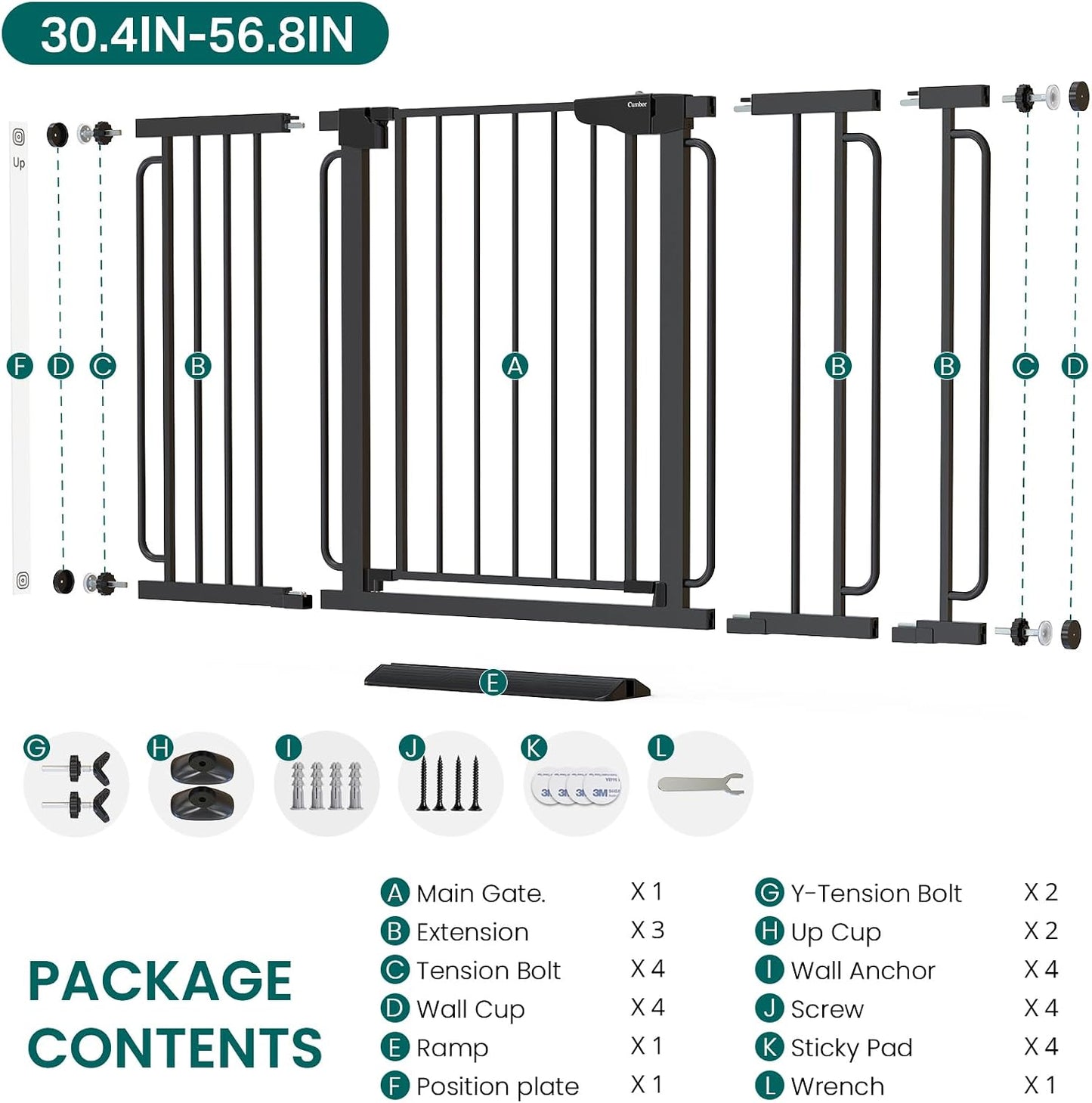 Cumbor 30-46" Baby Gate for Stairs, Mom's Choice Awards Winner-Auto Close Dog Gate for The House, Gifts for Mom, Easy Install Pressure Mounted Pet Gates for Doorways, Black