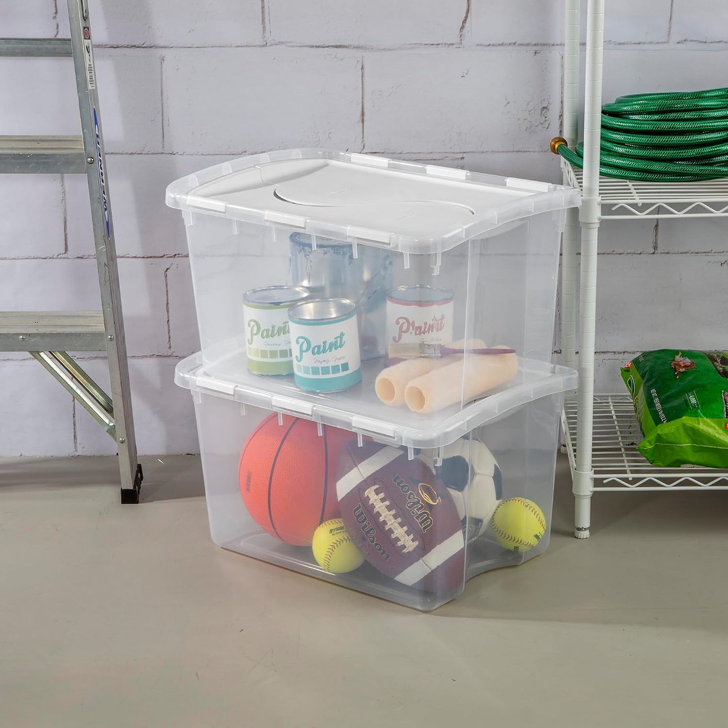 Sterilite 6 Pack Storage Box, 41 Quart Stackable Tote, Clear Plastic Container with Secure Snapping White Lids for Home and Office Organization