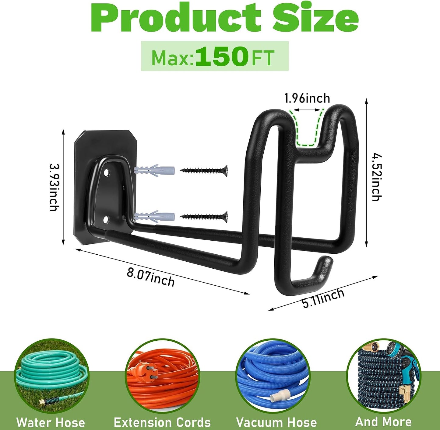 Garden Hose Holder Wall Mount Water Hose Holders for Outside | Metal Hose Hanger with Hook Heavy Duty Garden Hose Reel for Outside Yard Lawn Storage