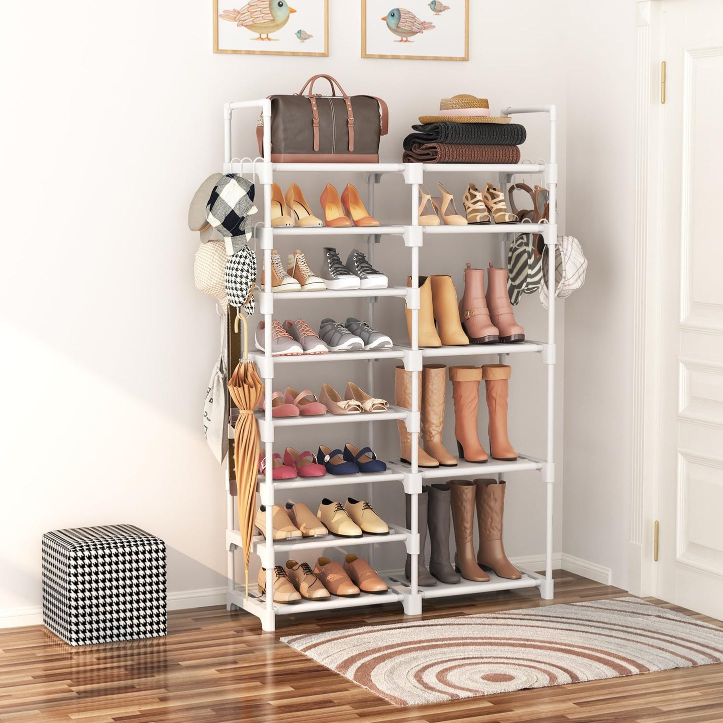 ROJASOP Shoe Rack Organizer, 8-Tier Metal Shoe Rack for Closet Entryway Garage, 26-32 Pairs Tall Shoe Boot Storage Shelf with 15 Hooks, Stackable Large Shoe Stand