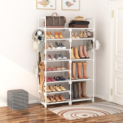ROJASOP Shoe Rack Organizer, 8-Tier Metal Shoe Rack for Closet Entryway Garage, 26-32 Pairs Tall Shoe Boot Storage Shelf with 15 Hooks, Stackable Large Shoe Stand
