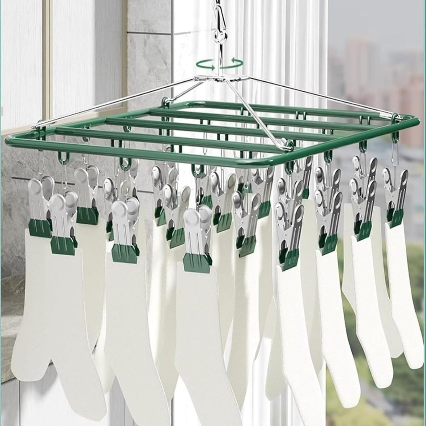 Drying Rack for Sock, Stainless Steel Sock Drying Rack with 23 Clips, Swivel Hook Windproof Hanger for Sock, Laundry, Hat, Scarf, Bras, Towel, Underwear, Pants, Gloves (White)