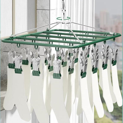 Drying Rack for Sock, Stainless Steel Sock Drying Rack with 23 Clips, Swivel Hook Windproof Hanger for Sock, Laundry, Hat, Scarf, Bras, Towel, Underwear, Pants, Gloves (White)