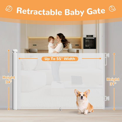 Retractable Baby Gate for Stairs & Doorways, 34" Tall Extends to 55" Wide, Mesh Baby & Pet Gate with Anti-Crawling Hook, Safety Gate for Toddlers, Doorways, Hallways, Indoor, Black