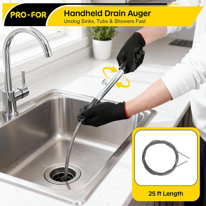 25FT Handheld Drain Auger, Heavy Duty Plumbing Snake for Clogged Drains, 3/8 Inch Diameter Manual Drain Cleaner for Sink, Bathtub, Shower & Kitchen Pipes