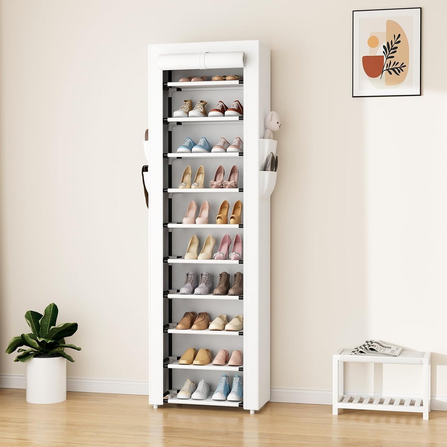 ROJASOP 10 Tier Shoe Rack with Covers,Large Capacity Stackable Tall Shoe Shelf Storage to 50-55 Pairs Shoes and Boots Sturdy Metal Free Standing Shoe Rack Organizer for Closet Entryway Garage