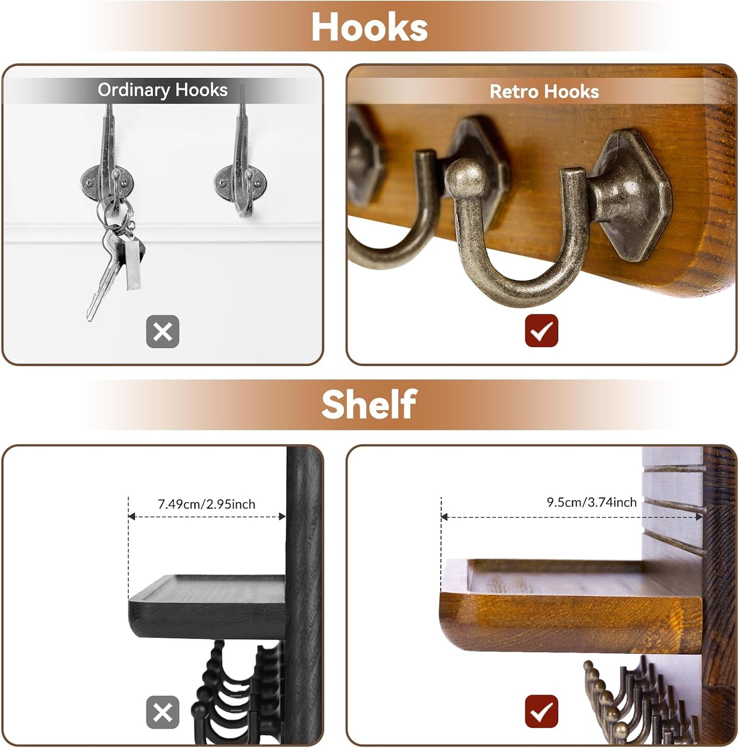 Key Holder for Wall, Mail Organizer Wall Mount with 6 Hooks Wooden Hanging Key Rack for Home Decor, Hallway, Entryway (Brown)