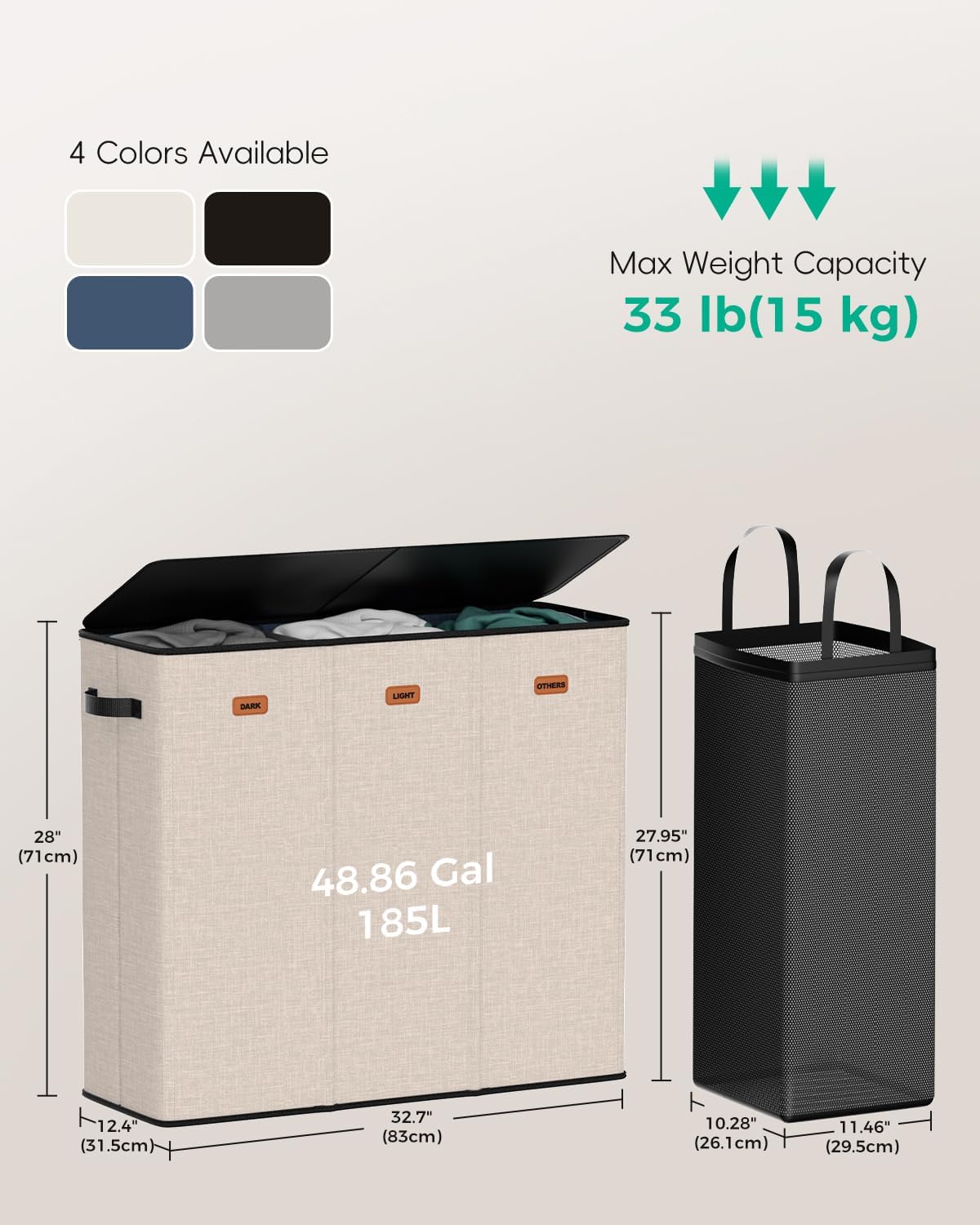 185L Laundry Hamper 3 Section with Lid & Removable Bags | Collapsible laundry basket organizer for laundry room, bedroom & dorm with 3 removable washing bags