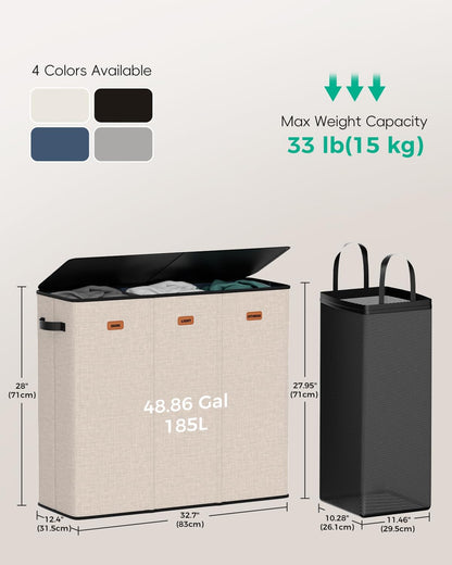 185L Laundry Hamper 3 Section with Lid & Removable Bags | Collapsible laundry basket organizer for laundry room, bedroom & dorm with 3 removable washing bags