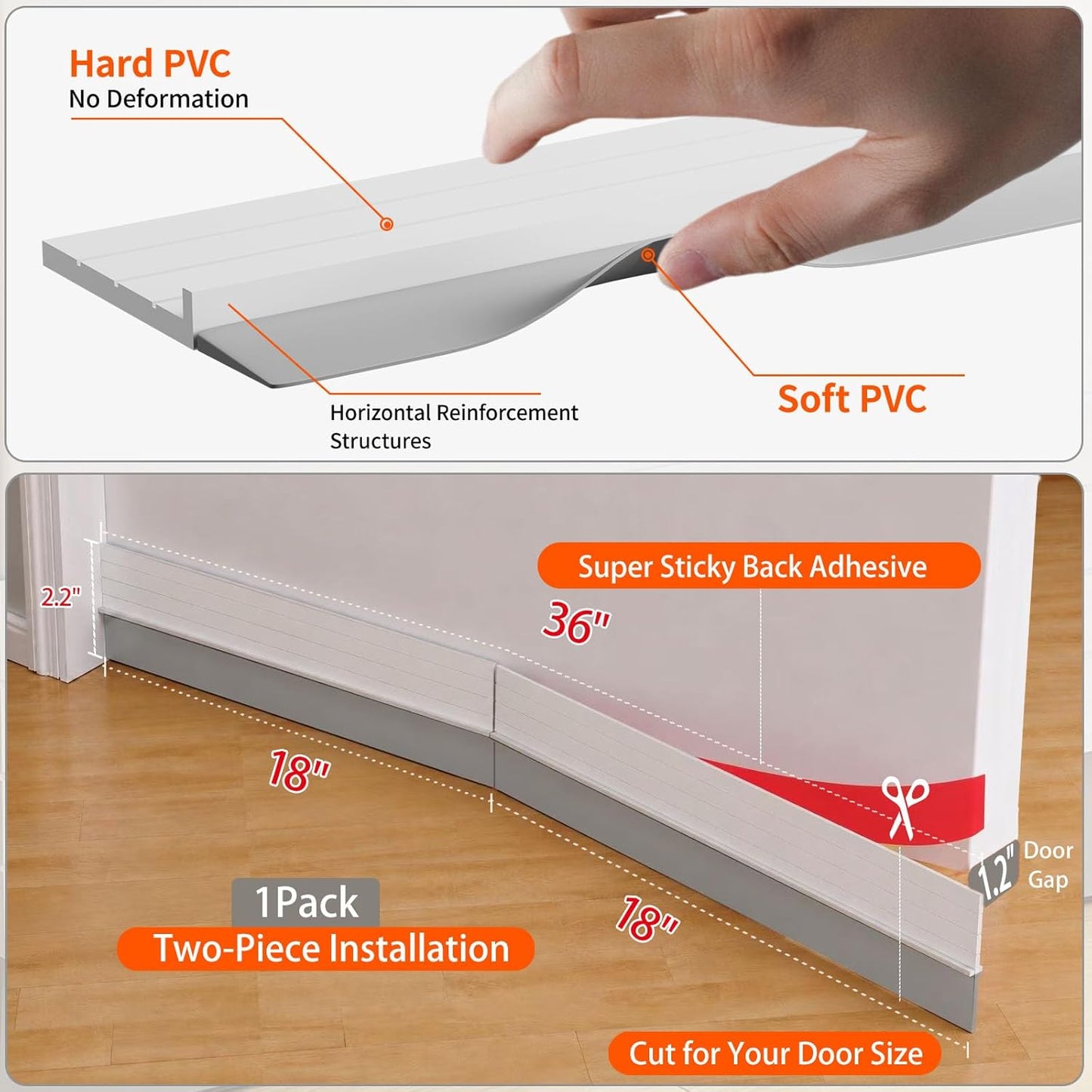 2 Pack Hard Door Draft Stopper for Bottom of Doors, 36" Under Door Sweep, Adjustable Weather Stripping Door Seal Gap Filler, Hot, Cold Air, Light, Noise Blocker for Interior & Exterior - White