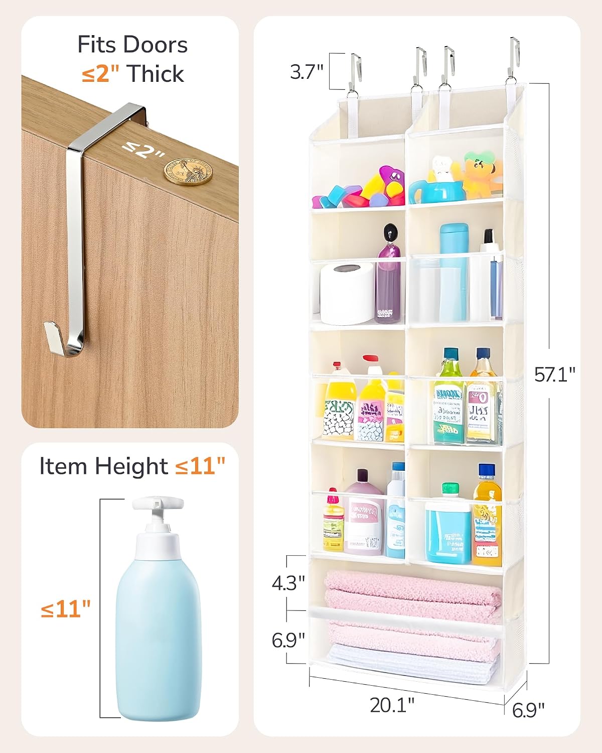 ULG Over the Door Organizer, 5-Tier Extra Large Hanging Storage with 10 Mesh Pockets, 100 lbs Capacity, Heavy Duty Door Organizer for Closet, Bedroom, Nursery Storage, Beige