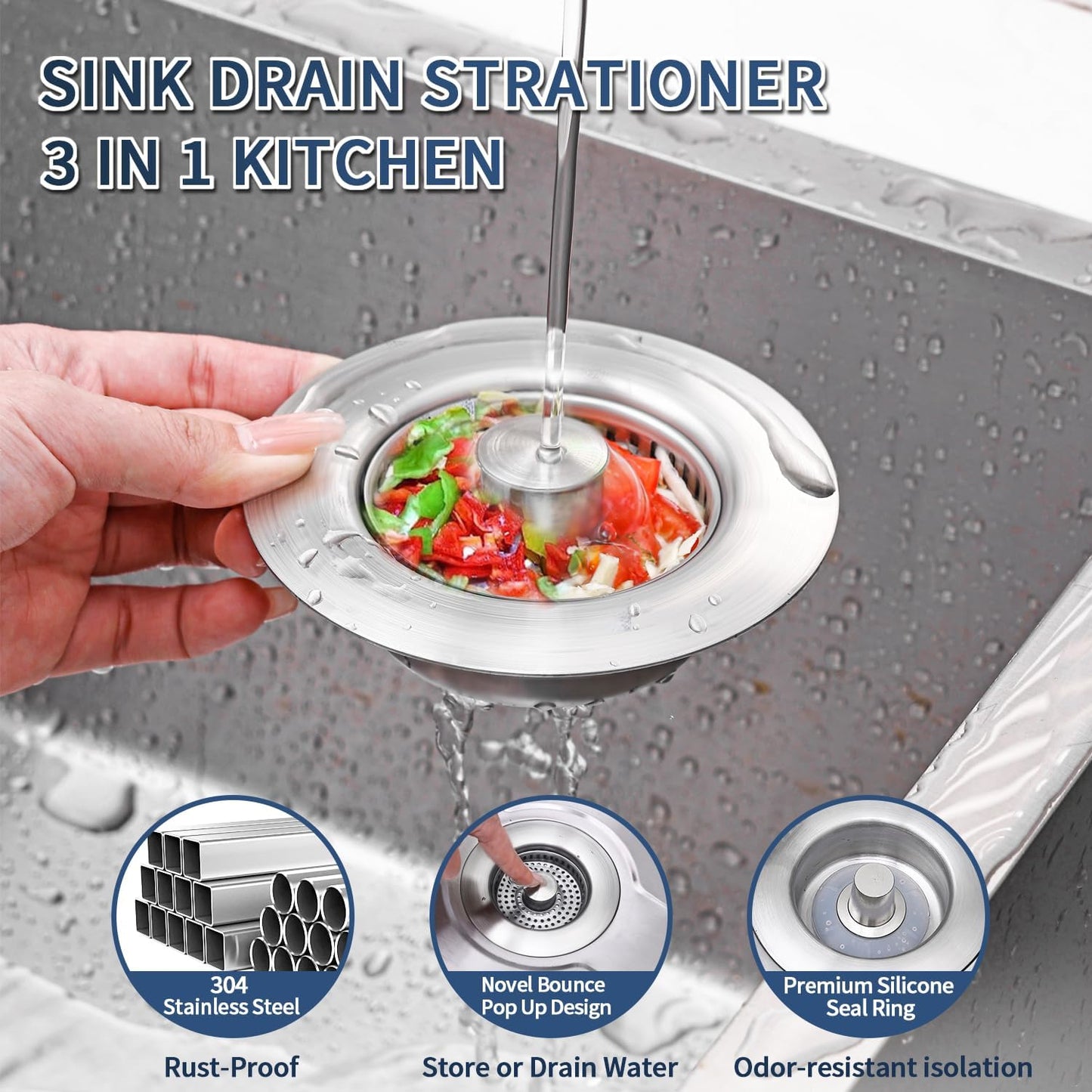 3-in-1 Kitchen Sink Drain Strainer - Pop Up Sink Stopper, Stainless Steel Sink Drain Strainer, Kitchen Sink Stopper & Drain Plug with Anti-Clogging Basket,Sink Strainer Fits US Standard 3-1/2'' Drains