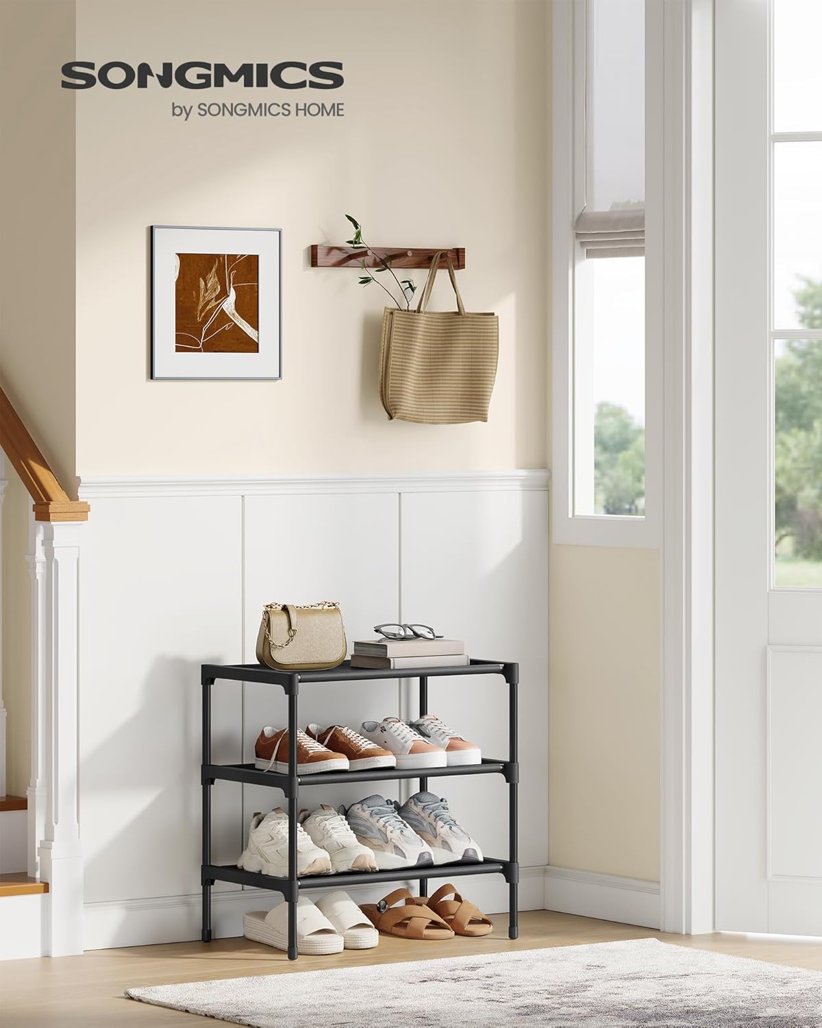 SONGMICS Shoe Rack, 2-Tier Shoe Storage Organizer, Space-Saving, 11.7 x 16.5 x 12.2 Inches, Entryway, Metal Frame, Non-Woven Fabric Shelves, Ink Black ULSH012BH01
