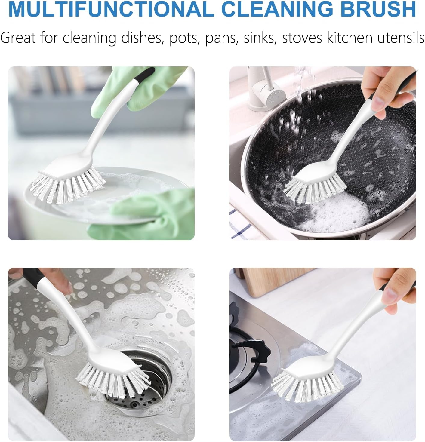 SetSail Dish Brush with Handle, 2 Pack Stiff Bristles Dish Scrubber with Built-in Scraper Dish Scrub Brushes for Cleaning Dishes, Pots and Pans, Kitchen Sink