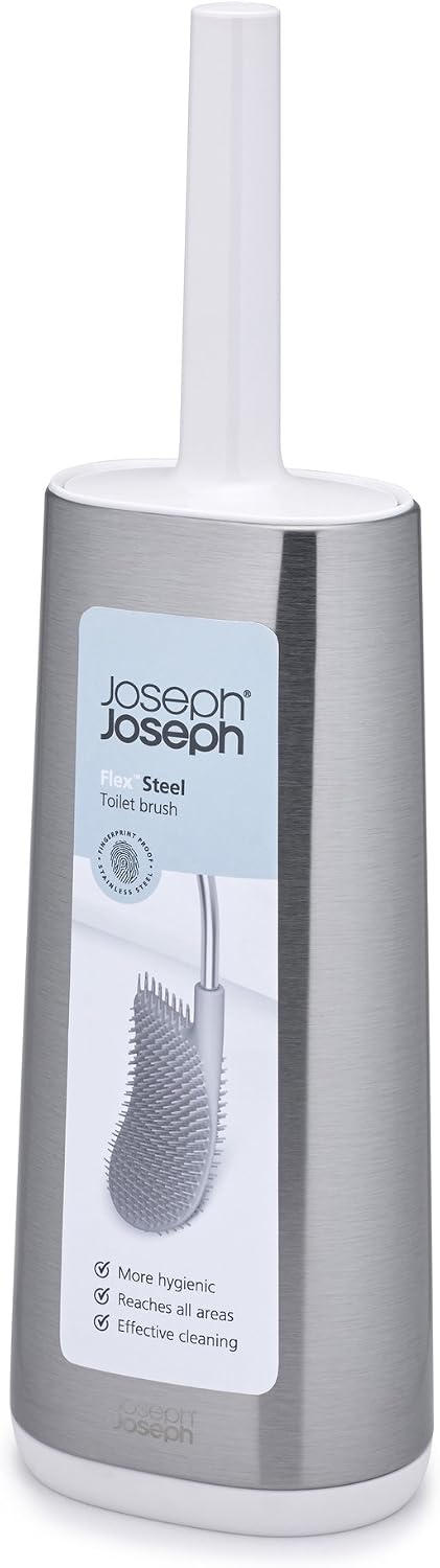 Joseph Joseph Flex Hygienic Silicone Toilet Brush with Slim Holder Set, Flexible Anti-drip, Anti-Clog Deep Clean Head - Gray/White